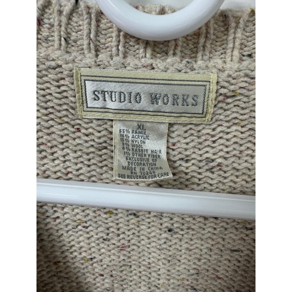 Studio Works Vintage Oatmeal Speckled Fall Patchwork Zip Cardigan Sweater XL - Picture 5 of 9